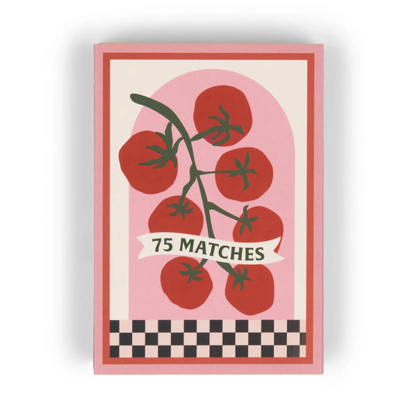 The A Dopo 75ct Boxed Matches feature a pink box with a vine of red tomatoes, a "75 SAFETY MATCHES" banner, and a checkerboard border, evoking Mediterranean travel vibes.