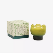 Load image into Gallery viewer, The Boxed Tulip Glass Candle, featuring a green flower-shaped holder with a yellow candle, is displayed beside its patterned Paddywax box decorated with plants and labeled “Bronzed Gardenia.”.