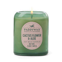 Load image into Gallery viewer, The 5oz Vista Candle features lit green glass and a label with Paddywax Nashville, Tennessee, Cactus Flower &amp; Aloe. Enjoy a luxurious soy wax fragrance in this stylish modern candle. Net Wt. 5 oz / 141 g.