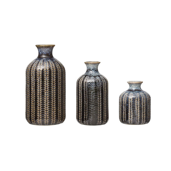 Three Blue Stoneware Vases, each with a blue and brown striped glaze and a textured vertical leaf-like design, are shown in varying heights against a plain white background.