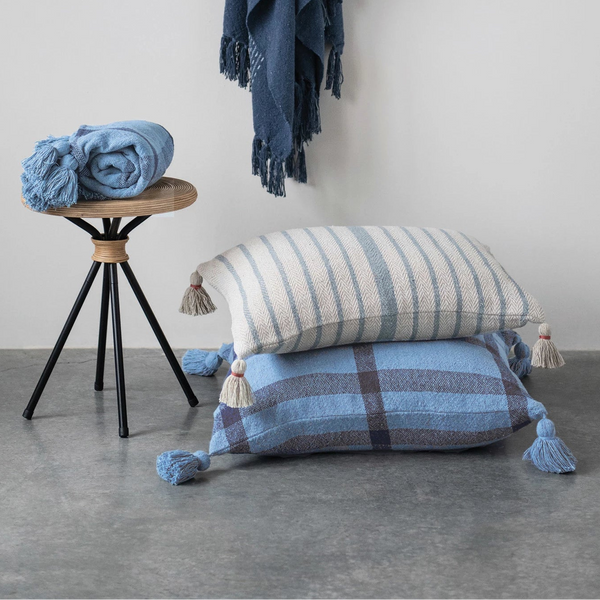 24" Blue Woven Recycled Cotton Pillow