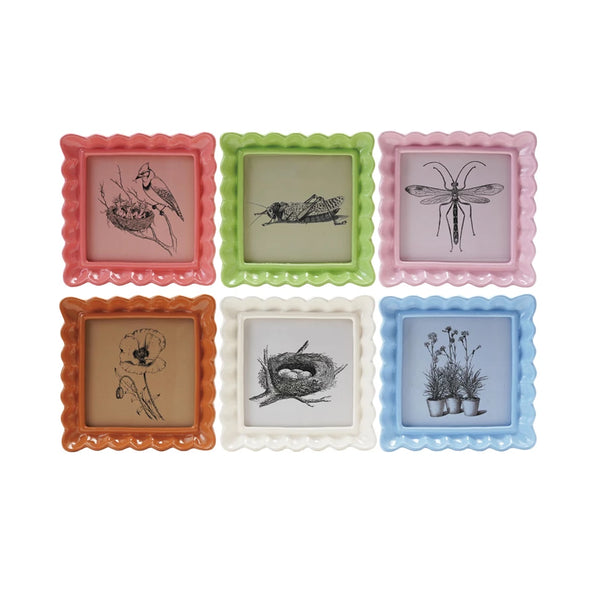 The Ruffled Enamel Frame set includes six square plates, each in a different color with wavy edges and black illustrations: a bird, grasshopper, insect, flower, nest with eggs, and three potted plants.