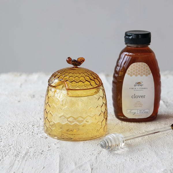 Amber Glass Honey Jar w/ Bee Top